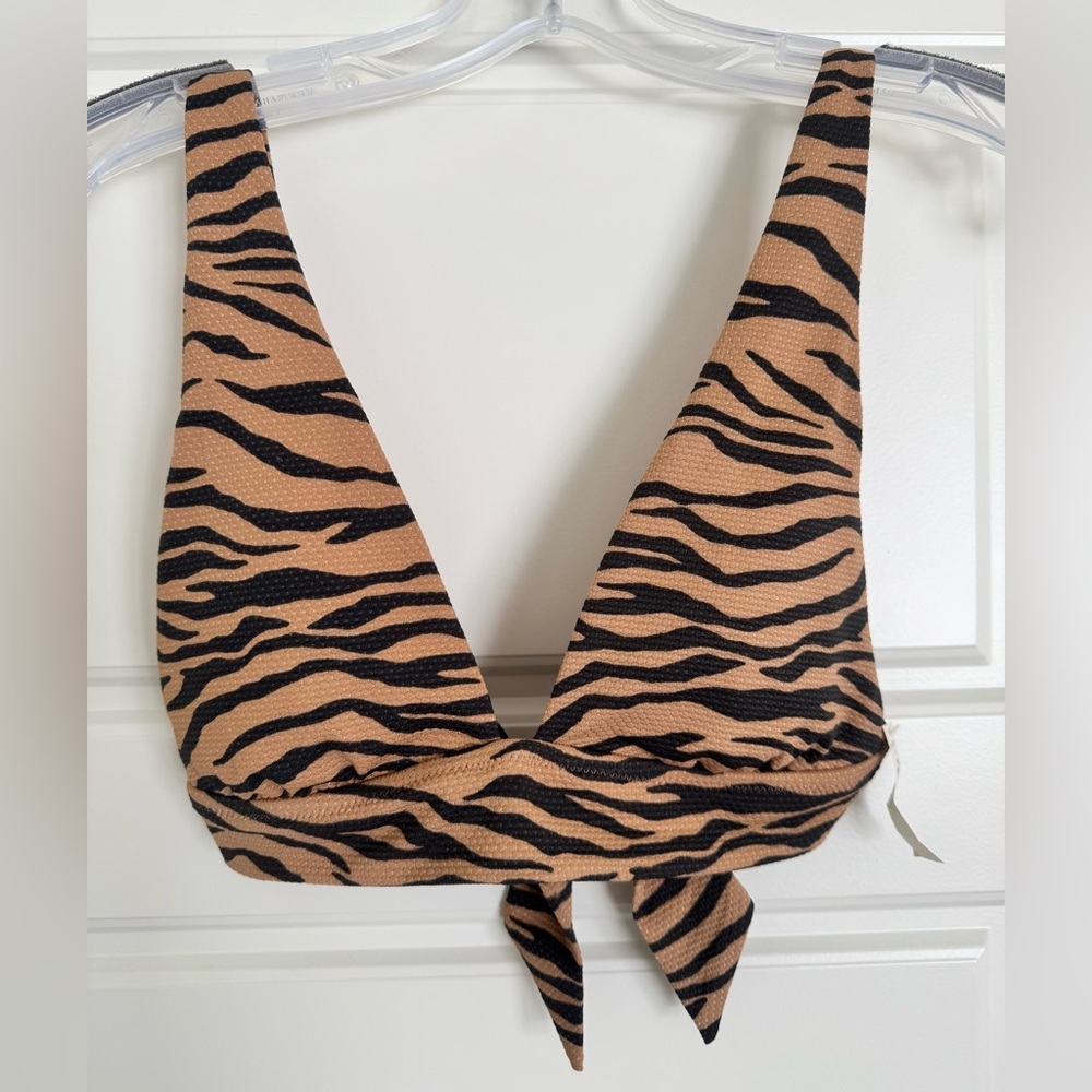 AERIE Pique Triangle Bikini Top Sz. Small Brown Black Tiger Stripes Animal Beach